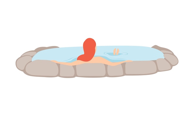 Chica disfrutando de aguas termales al aire libre joven pelirroja relajándose en agua caliente en la bañera vista posterior vector ilustración aislada sobre fondo blanco