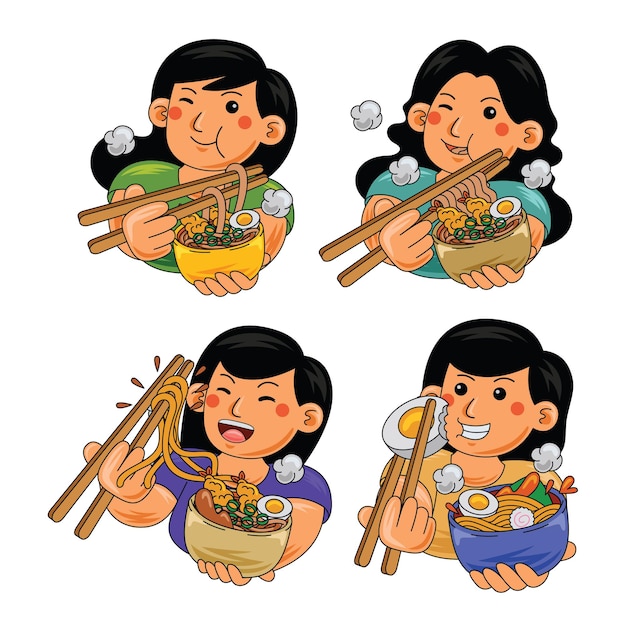 Una chica disfrutando de fideos Ramen