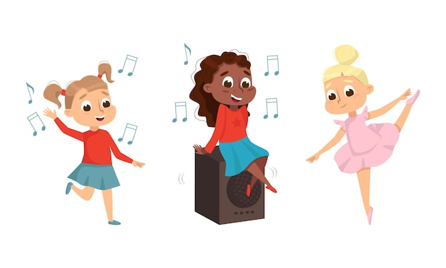 Una chica divertida cantando una canción y bailando un ballet en un conjunto vectorial de faldas Tutu