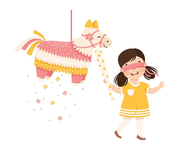 Vector la chica divertida golpeando y golpeando la piñata colgando de la cuerda con la ilustración vectorial del palo