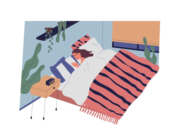 Chica divertida o mujer durmiendo en el dormitorio por la noche. Personaje femenino acostado en una cama cómoda y durmiendo. Reposo y relajación en la vida cotidiana. Ilustración de vector colorido en estilo de dibujos animados plana.