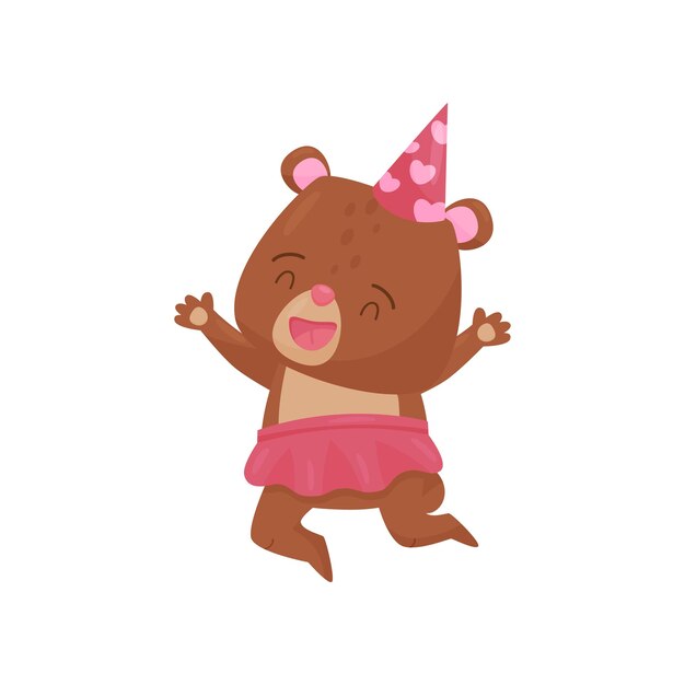 Chica divertida oso en acción de salto animal humanizado alegre en sombrero de fiesta y falda rosa personaje de dibujos animados de criatura del bosque feliz icono vectorial colorido en estilo plano aislado en fondo blanco