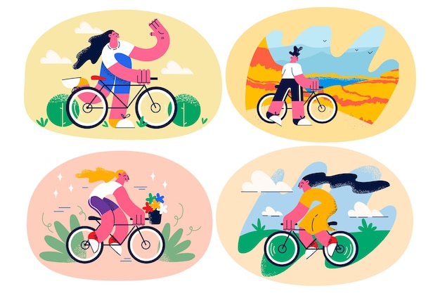 Chica diviértete andar en bicicleta en vacaciones de verano o vacaciones. Persona feliz relajarse afuera disfrutar de andar en bicicleta en fin de semana de ocio. Pasatiempo activo y estilo de vida deportivo y saludable. Ilustración de vector plano. Colocar.