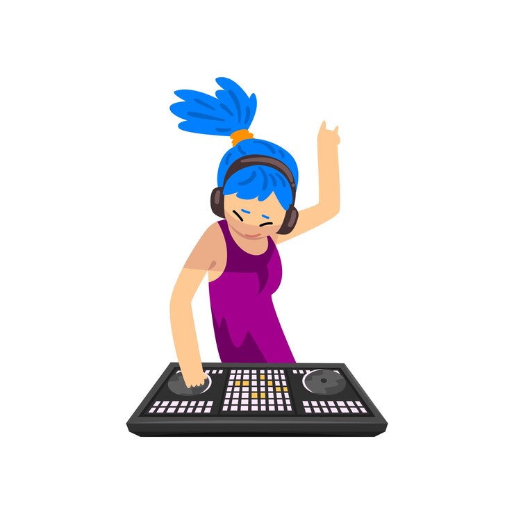Vector chica dj con pelo azul en auriculares mezclando música en tocadiscos de vinilo chica tocando pista en vector de cubierta de consola mezcladora ilustración aislada sobre fondo blanco