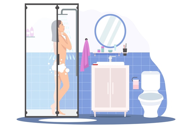 Chica duchándose en el baño mujer joven de pie lavando el cabello en el baño temprano en la mañana o en la noche rutina diaria en casa diseño de interiores moderno
