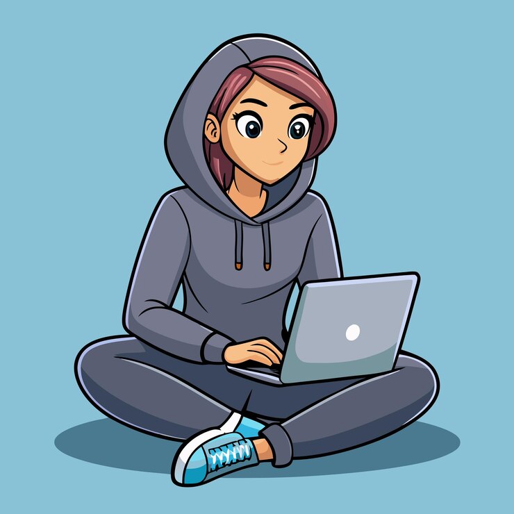 Vector chica dulce con capucha gris sentada en el suelo con una ilustración vectorial de dibujos animados de portátil