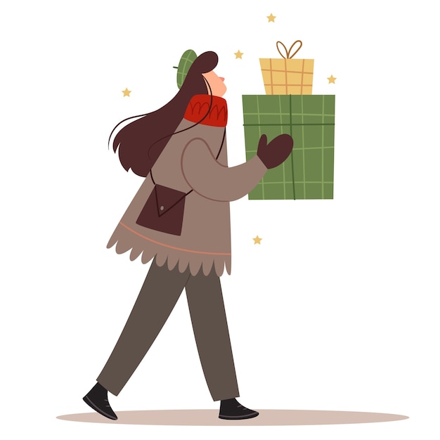 Chica elegante con una boina verde lleva regalos de Año Nuevo Estado de ánimo de invierno