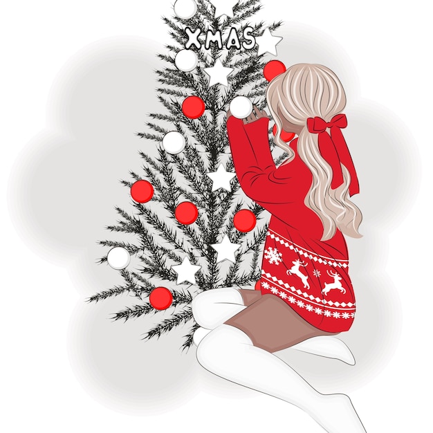 Chica elegante decora la ilustración de vector de árbol de navidad