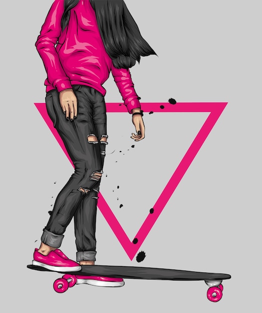 Chica elegante y patineta, patinador.