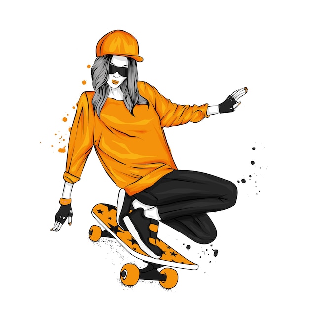 Chica elegante y patineta, patinador.