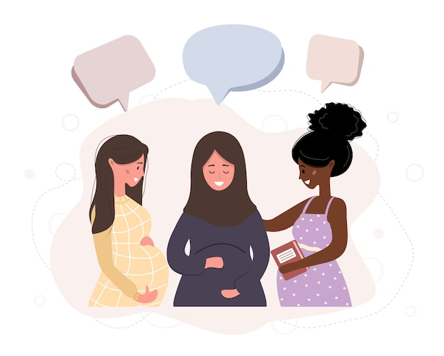 Chica embarazada hablar entre sí. Las mujeres de negocios discuten las redes sociales, chatean con burbujas de diálogo, debaten los momentos de trabajo. Ilustración moderna en estilo.