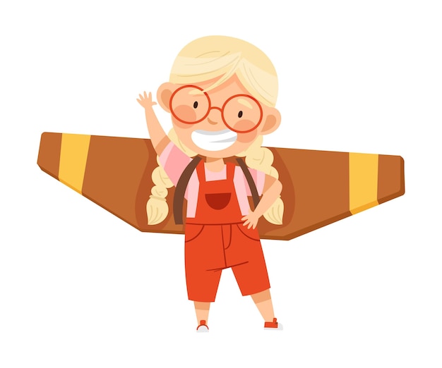 Chica emocionada con alas falsas improvisadas fingiendo volar de pie y agitando la mano Ilustración vectorial