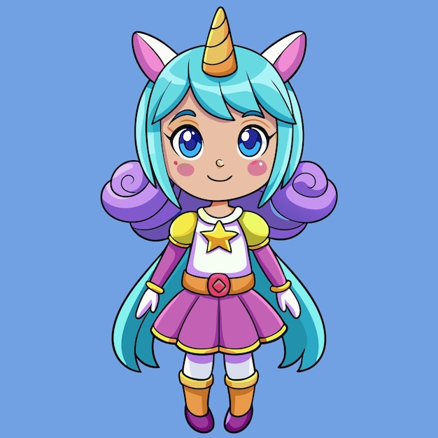 Chica encantadora con un cuerno de unicornio mágico Gráfico vectorial de dibujos animados