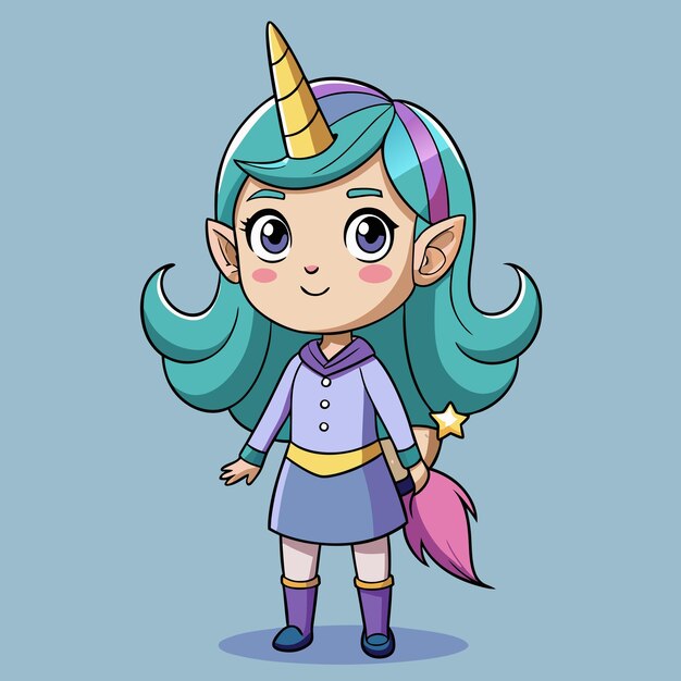 La chica encantadora con un cuerno de unicornio mágico y un vector de dibujos animados de brillo espumoso místico