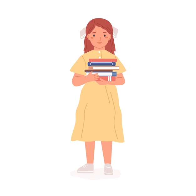 Vector chica encantadora feliz de pie con un montón de libros. dulce niño sosteniendo una pila de libros de texto de la biblioteca escolar. ilustración de vector plano coloreado de niño o colegiala en vestido aislado sobre fondo blanco.