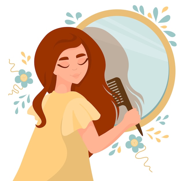 Una chica encantadora peinándose el pelo largo cerca del espejo. Concepto de belleza, cuidado del cabello, salud del cabello