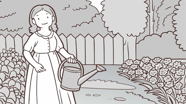 Una chica encantadora regando el jardín Arte de línea EPS Ilustración vectorial