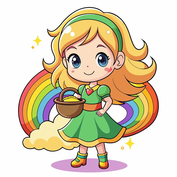 Vector chica encantadora con un vestido de arco iris con una olla de oro vector clipart de dibujos animados