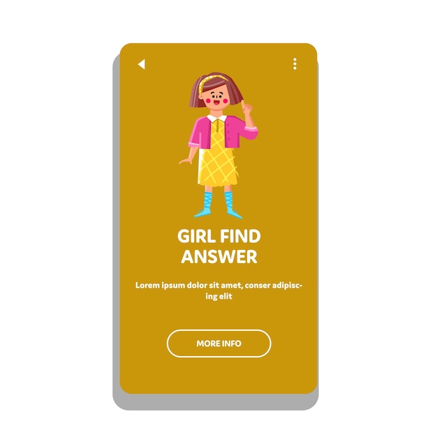 Chica encuentra respuesta en Vector de pregunta difícil. Chica feliz encuentra respuesta para resolver problemas y gestos emocionales. Personaje Expresivo Dama Niño Encontrar Solución Ilustración Dibujos Animados Plano Web