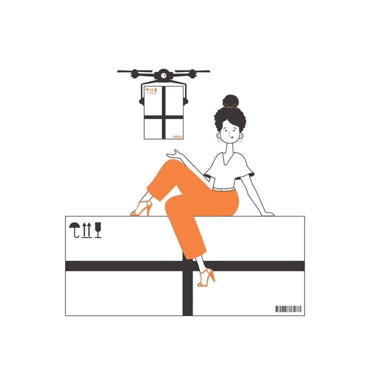 Vector la chica entrega el paquete por drone concepto de entrega de drones estilo lineal minimalista aislado en fondo blanco ilustración vectorial