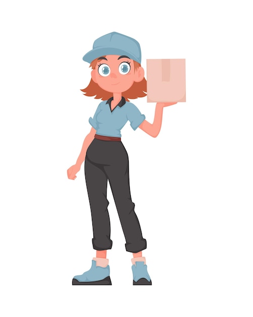 Chica de entregas sonriente con paquete en uniforme azul mensajera femenina alegre sosteniendo caja de papel ilustración de dibujos animados vectorial