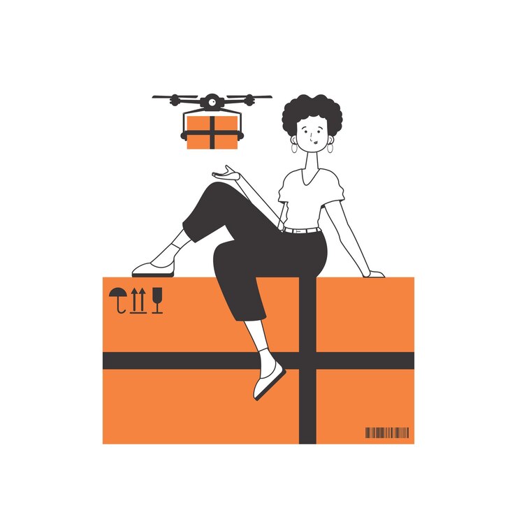 Vector la chica envía un paquete con un concepto de entrega de aire drone estilo moderno lineal aislado sobre fondo blanco ilustración vectorial