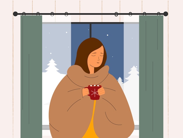 Una chica envuelta en una manta con una taza de bebida caliente cerca de la ventana Ilustración vectorial acogedora de invierno