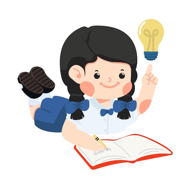 La chica escribe en el suelo con una lámpara de ideas.