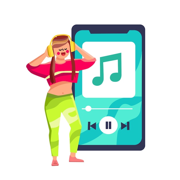 Chica escucha de lista de reproducción de música en vector de teléfono inteligente. mujer joven con auriculares escuchar lista de reproducción de música en la pantalla del teléfono móvil. canción de disfrute del personaje en el dispositivo de auriculares ilustración de dibujos animados plana