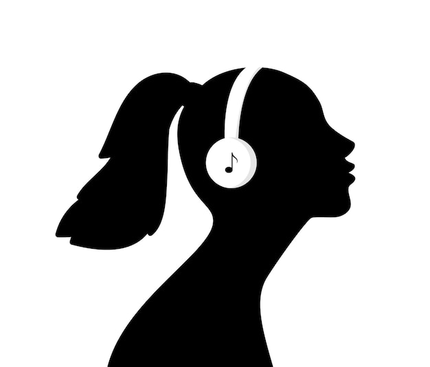 Vector chica escucha música en auriculares blancos. avatar femenino, forma de perfil de mujer negra con ilustración de vector de cuento