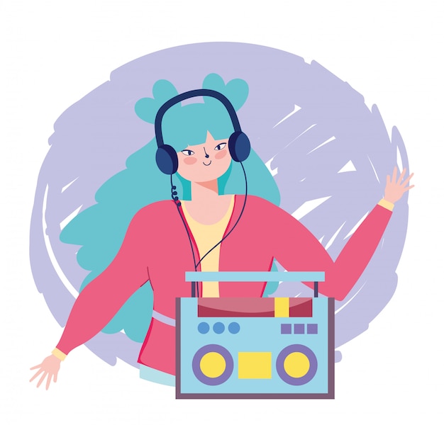 Vector chica escuchando música con radio estéreo y auriculares