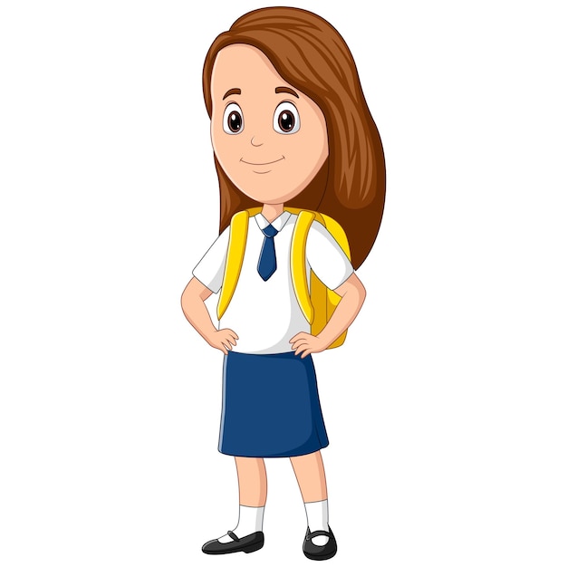 Una chica de escuela linda con uniforme y mochila.