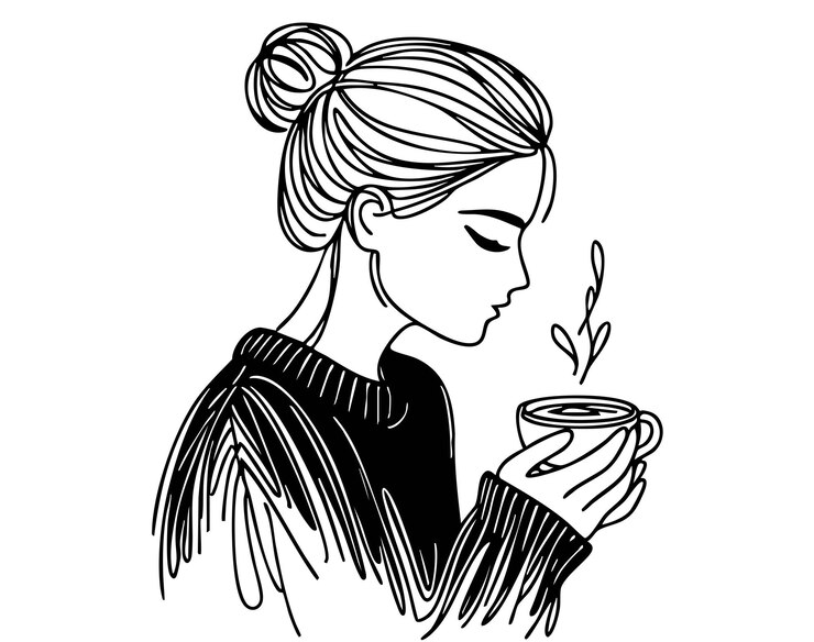 La chica está bebiendo café vector ilustrador de línea de arte