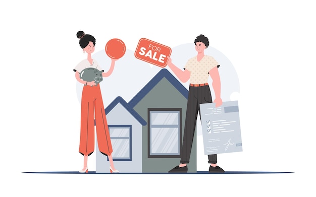 La chica está comprando una casa Agente inmobiliario con tabular para la venta y documento Concepto de compra de bienes raíces Ilustración de vector de tendencia
