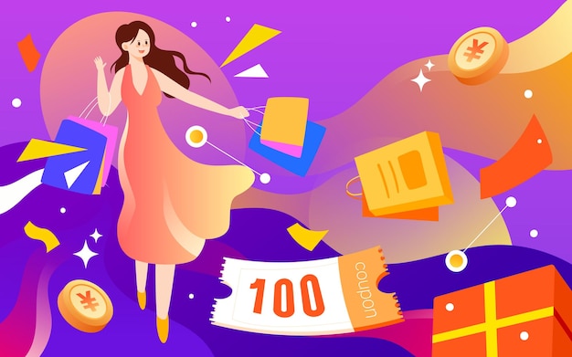 Chica está de compras con bolsas de compras 618 ilustración de vector de festival de compras de comercio electrónico