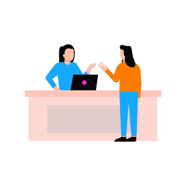 La chica le está dando la tarjeta a la recepcionista.