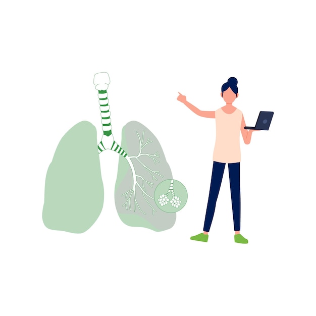 Una chica está explicando sobre los pulmones en la computadora portátil
