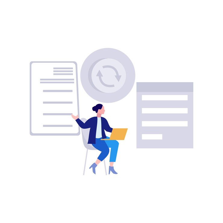 Vector la chica está haciendo copias de seguridad de datos en la computadora portátil