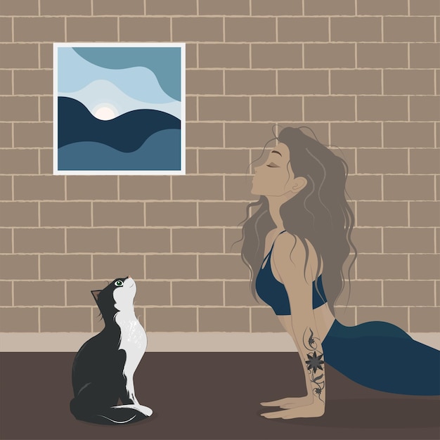 La chica está haciendo yoga con el gato Vector ilustración yoga con animales