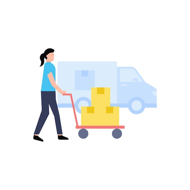 La chica está llevando un carrito de paquetes