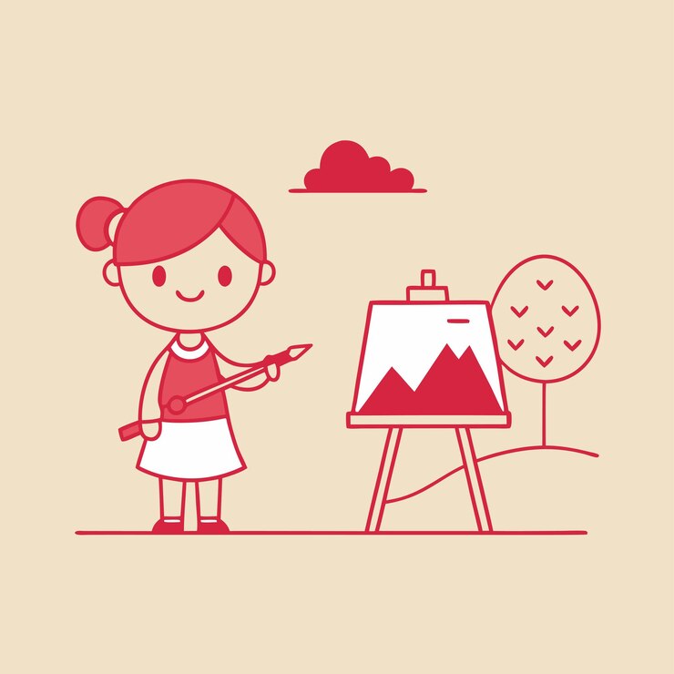 Vector una chica está de pie frente a una montaña con un letrero que dice "una montaña"