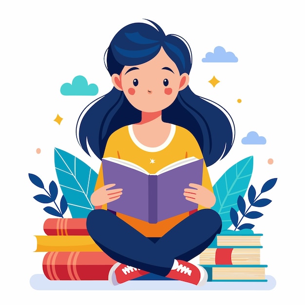 una chica está sentada en una pila de libros con las palabras " una cita " en ella