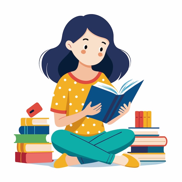 una chica está sentada en el suelo leyendo un libro