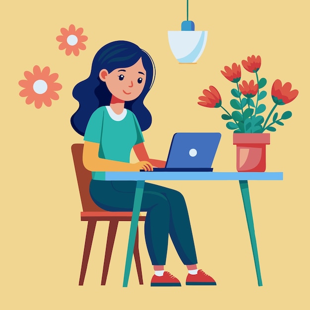 una chica está trabajando en una computadora portátil con flores
