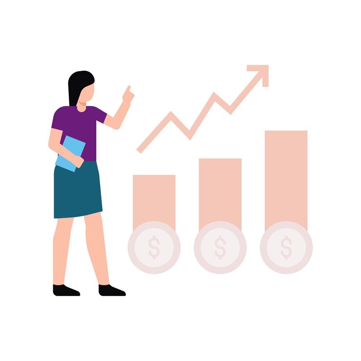 Vector la chica está viendo subir el gráfico del dólar.