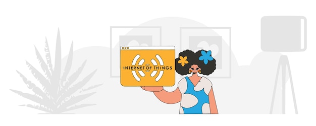 Chica con un estilo de carácter moderno, sentada en el suelo y sosteniendo el logo de IoT.