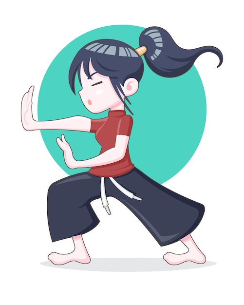 Vector chica de estilo lindo entrenando ilustración de dibujos animados de kung fu