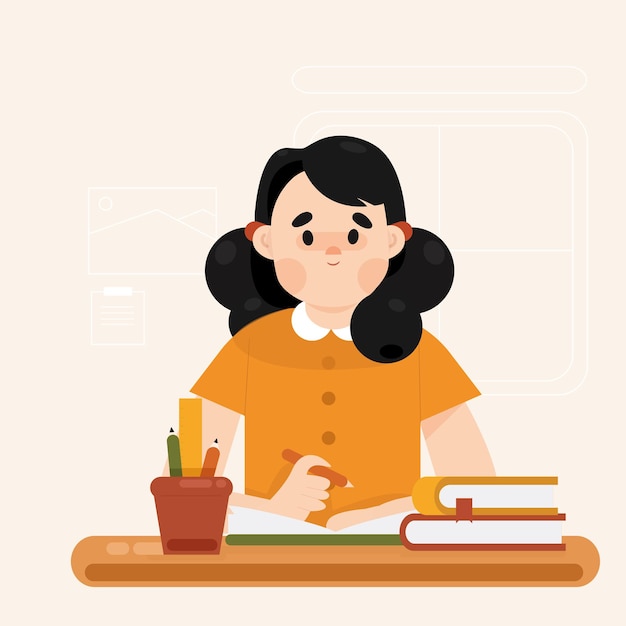 Chica estudiando en casa ilustración