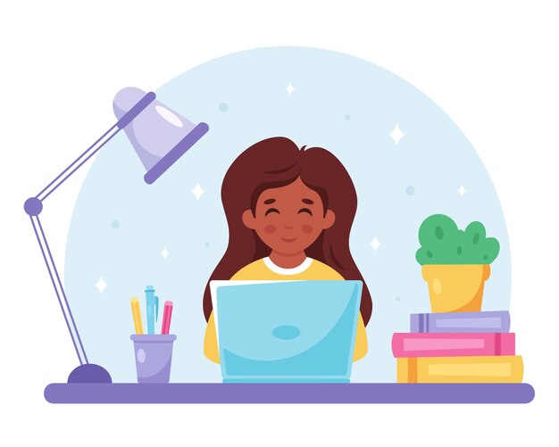Chica estudiando con computadora Aprendizaje en línea concepto de regreso a la escuela