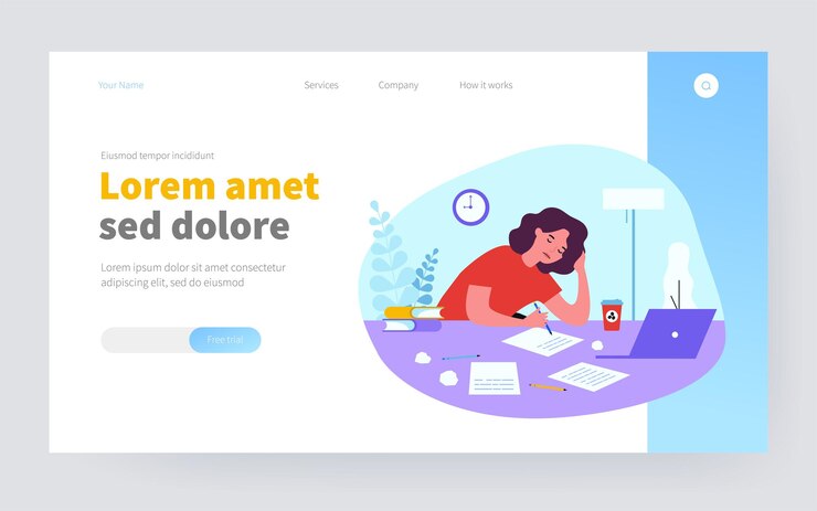 Vector chica estudiante cansada que estudia en la noche. escritor, texto escrito a mano, documentos, computadora, ilustración de vector plano de café. fecha límite, concepto de gestión del tiempo para banner, diseño de sitio web o página web de destino